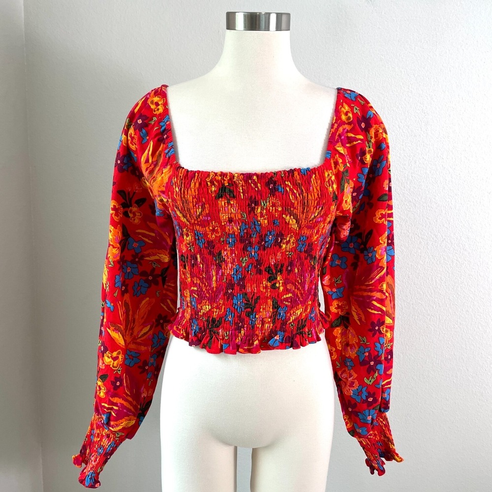 MAISON‎ d' AMELIE Womens Medium Smocked Top Square Neck Blouse Linen Blend
